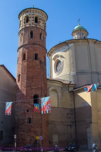 Borough flags hanging in the streets of Asti